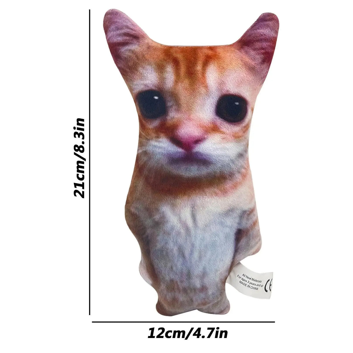 A plush doll of a tabby cat with orange and white markings, shown from the front.