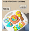 A musical baby piano playmat with a light-up keyboard and hanging toys used for early education.