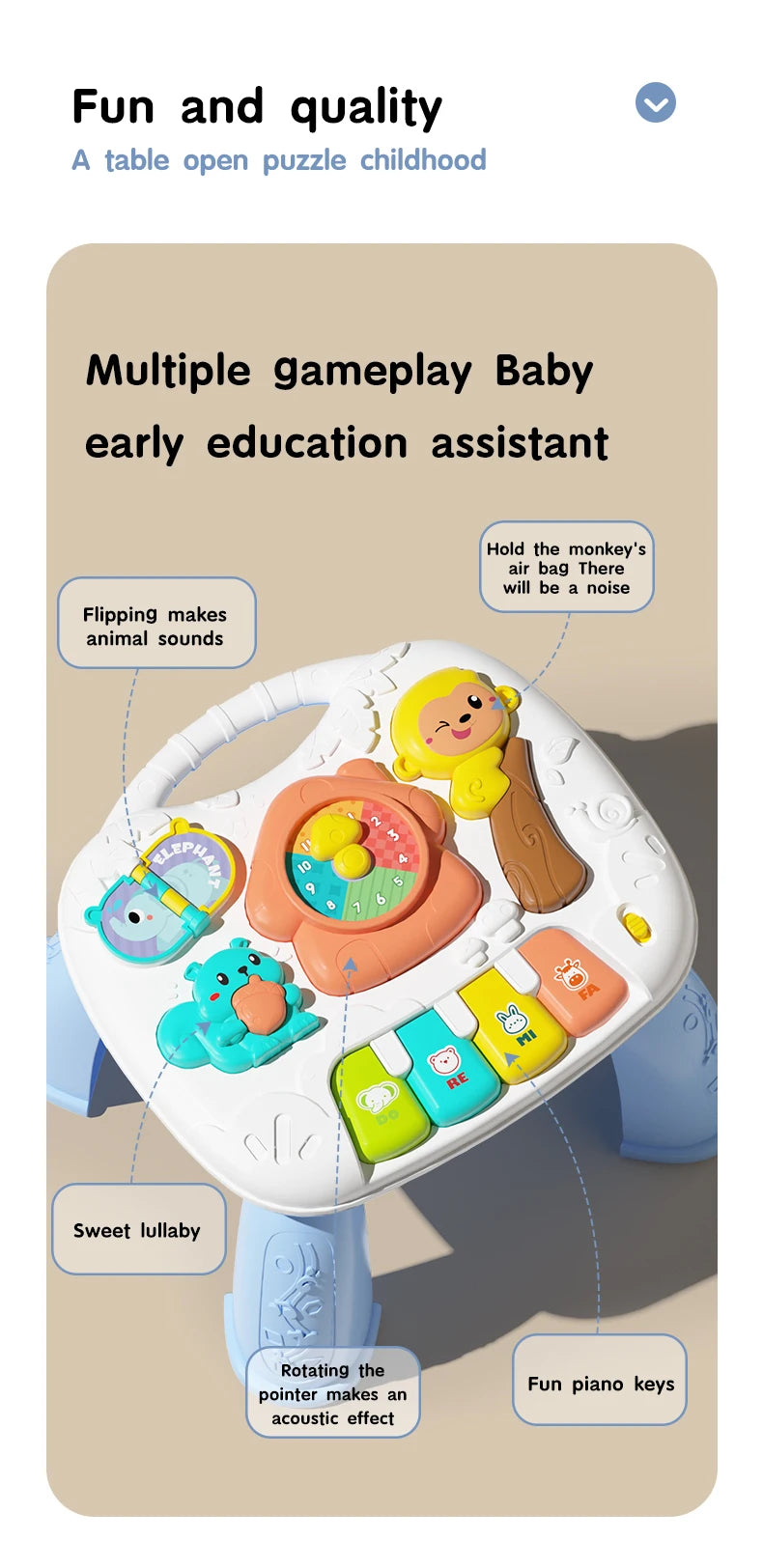 A musical baby piano playmat with a light-up keyboard and hanging toys used for early education.