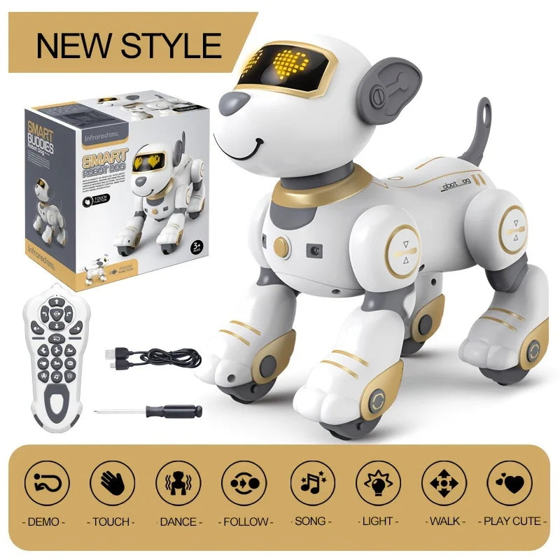 Un robot animal de compagnie blanc interactif pour enfants, debout à côté de son emballage et des accessoires de contrôle.
