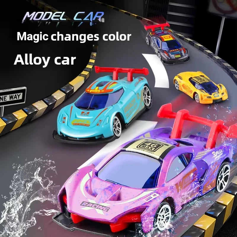 A collection of magic color changing alloy cars in various colors and angles on a racing track.