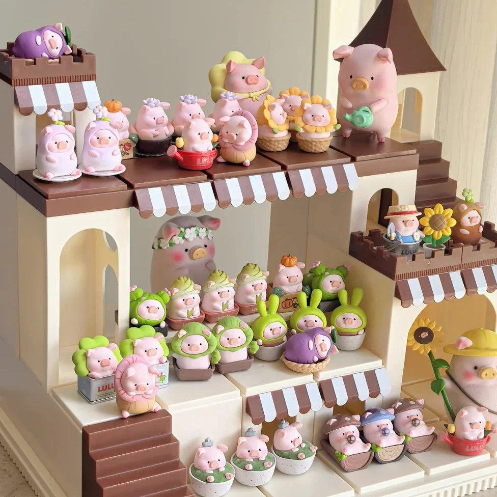 A collection of Lulu the Piggy Garden series blind box figurines featuring various pink and green pig characters.