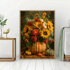 A painting featuring a vibrant autumnal arrangement of yellow and orange pumpkins and flowers.