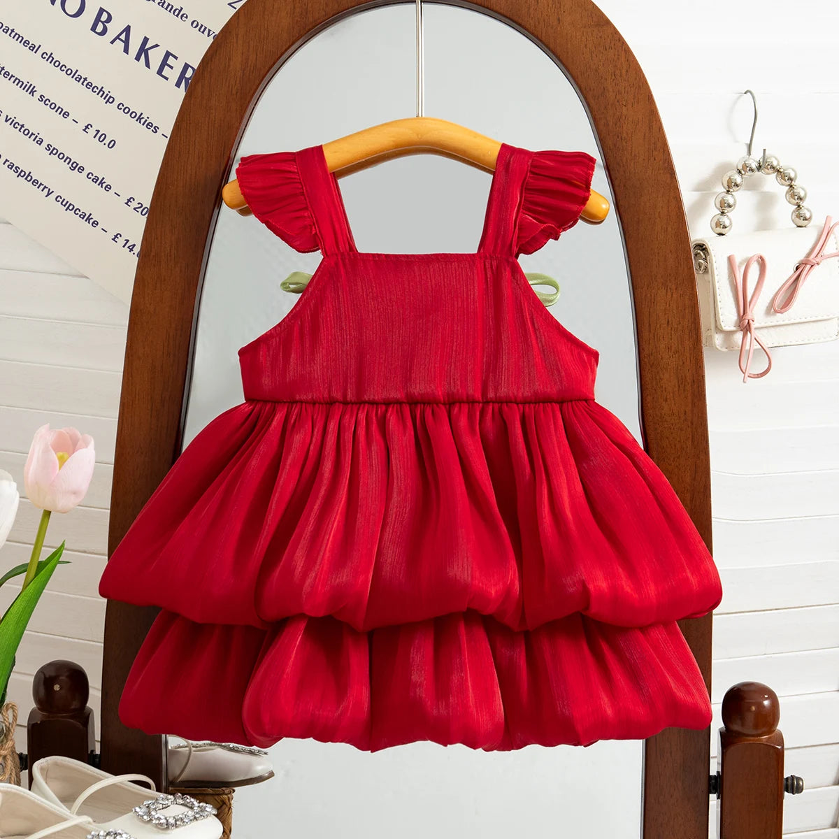 A red pleated dress for a baby girl displayed on a wooden hanger in front of a mirror.