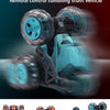 A blue remote control stunt car with five wheels is shown in various angles.