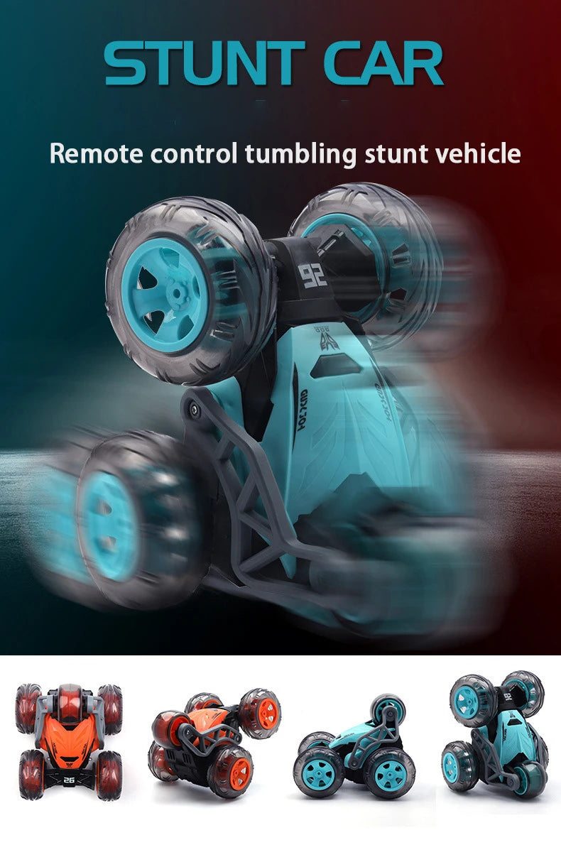 A blue remote control stunt car with five wheels is shown in various angles.