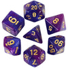 A set of purple and blue polyhedral dice showing various numbers and cosmic effects.