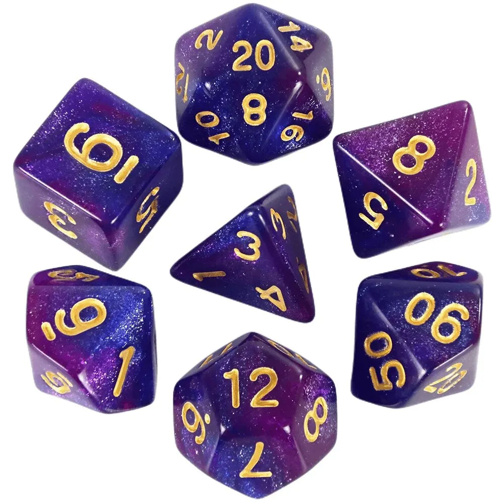 A set of purple and blue polyhedral dice showing various numbers and cosmic effects.