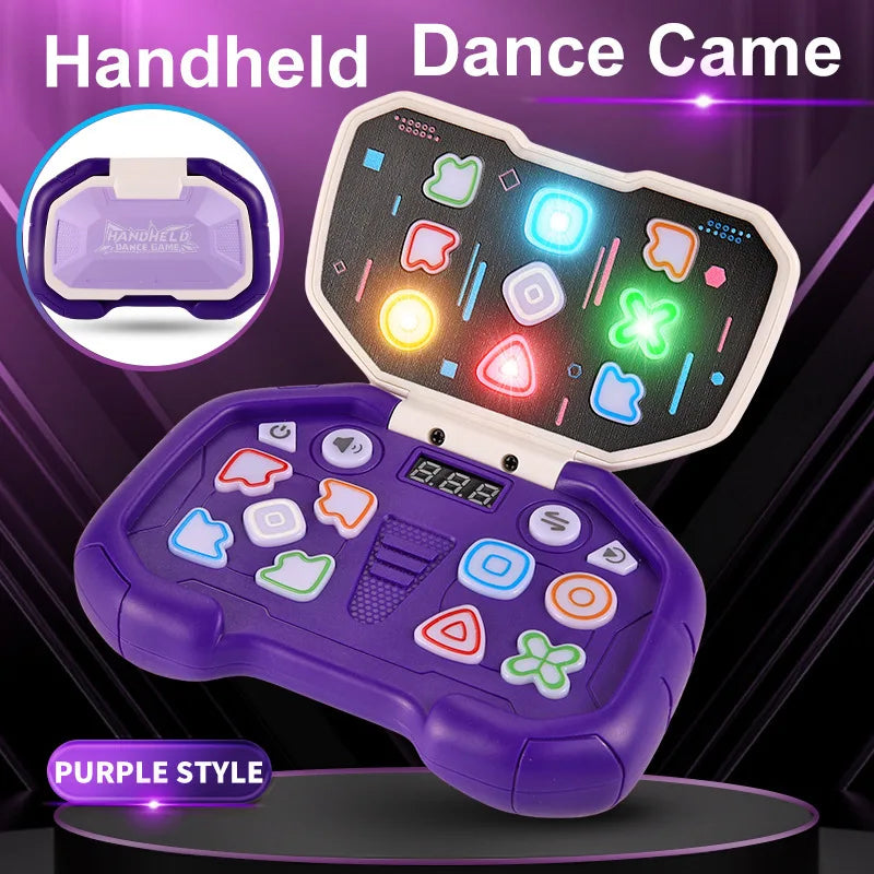 A purple handheld dance game console with a screen and controls is displayed against a dark background.