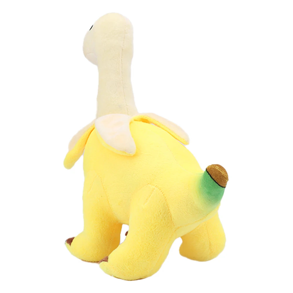 A yellow Peeled Banana Brontosaurus plush toy dinosaur stuffed animal.