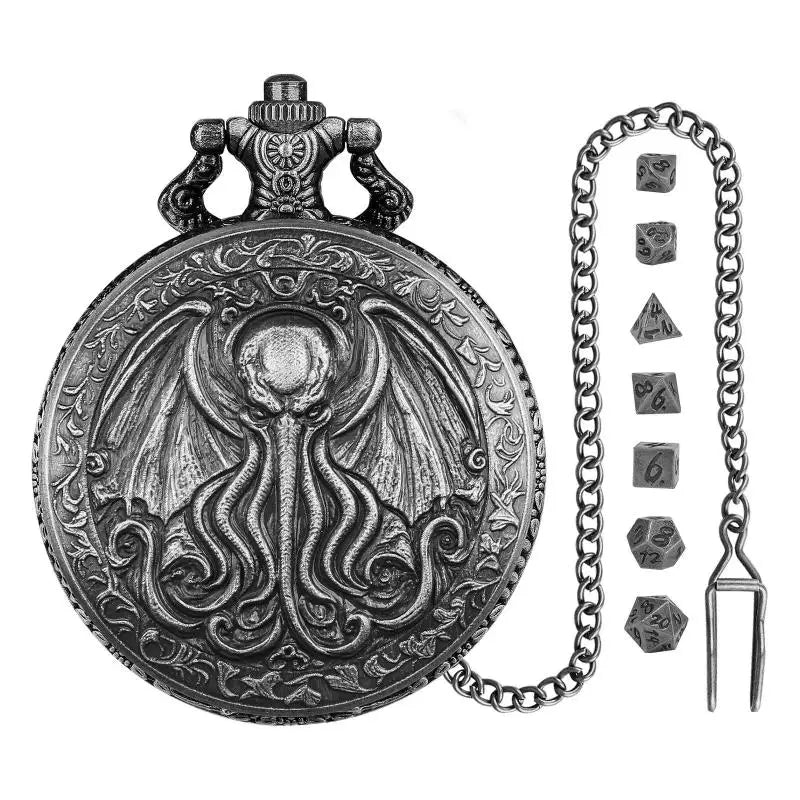 Metal Polyhedral Dice Set with Pocket Watch Case