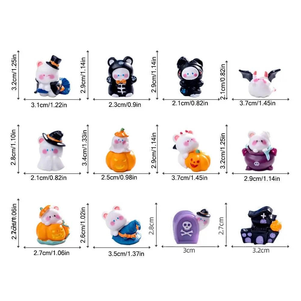A collection of charming cartoon bear and pumpkin figurines in various sizes for Halloween and fairy garden displays.