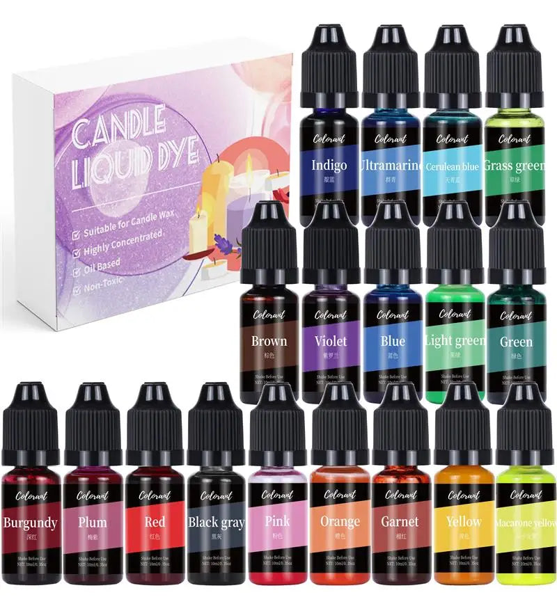 Collection de colorants liquides pour bougies dans diverses couleurs : bordeaux, prune, rouge, noir gris, rose, orange, grena