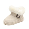 A pair of beige girls' snow boots with a fluffy white faux fur lining and quilted texture.