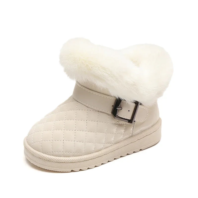 A pair of beige girls' snow boots with a fluffy white faux fur lining and quilted texture.