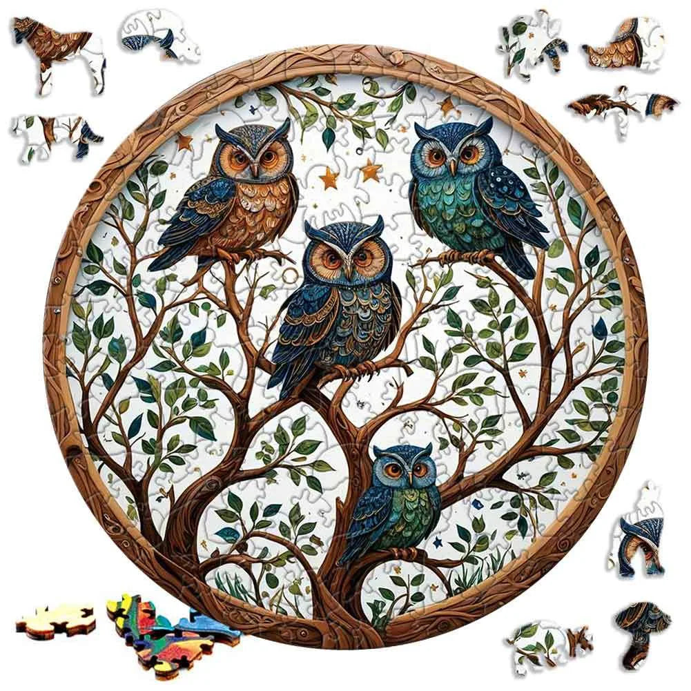 A wooden jigsaw puzzle featuring various owls and other woodland animals on a tree branch background.