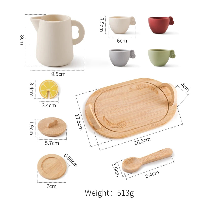 A wooden pretend play tea party set featuring a ceramic mug, small cups, and wooden serving board.