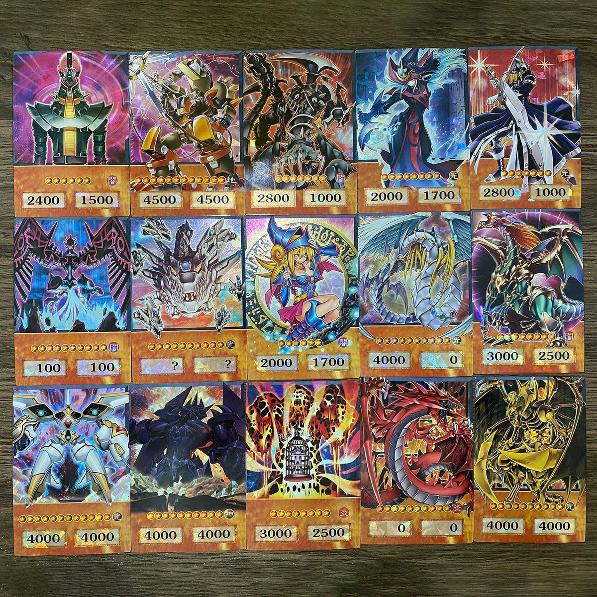 A collection of Yu-Gi-Oh! anime style cards featuring classic monsters and Egyptian gods.