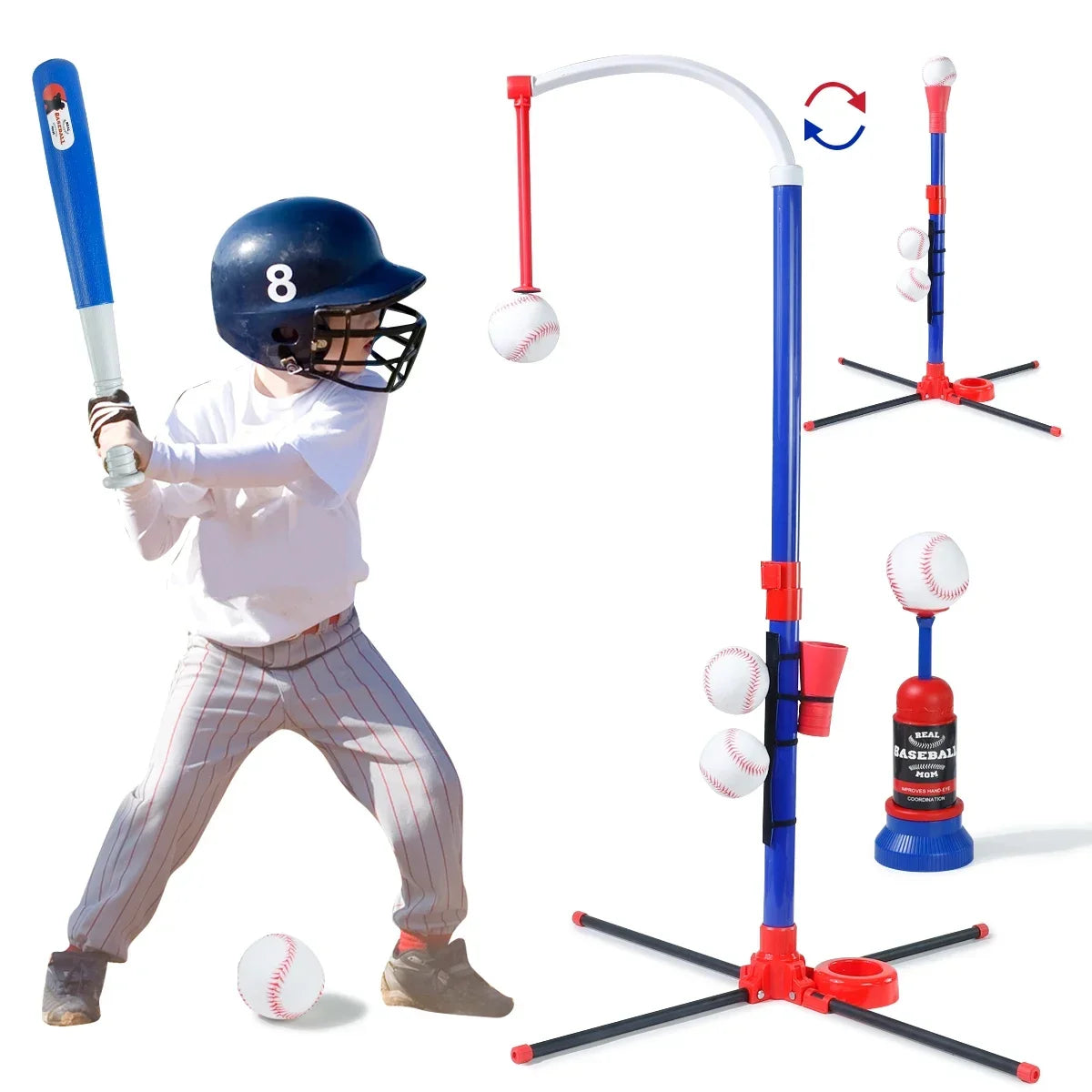 A blue baseball helmet, bat, and a red adjustable stand with an auto launcher for a kids baseball toy set.
