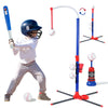 A blue baseball helmet, bat, and a red adjustable stand with an auto launcher for a kids baseball toy set.