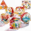 A set of handmade liquid core polyhedral dice in various colors and galaxy finishes scattered on a white surface.