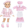 A doll wearing a pink and white winter coat and dress outfit with faux fur trim.