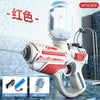 A white water gun with a clear bottle, showing the red color option and battery details.