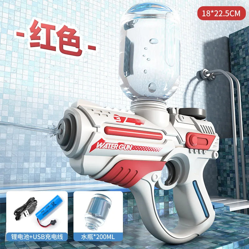 A white water gun with a clear bottle, showing the red color option and battery details.