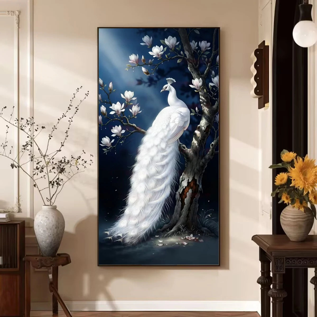 A painting featuring a white peacock with a crown and magnolia blossoms against a dark blue background.