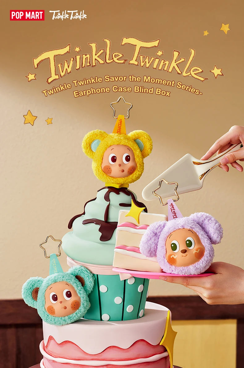 A tiered cake display featuring plush toys in yellow, green, and purple colors.