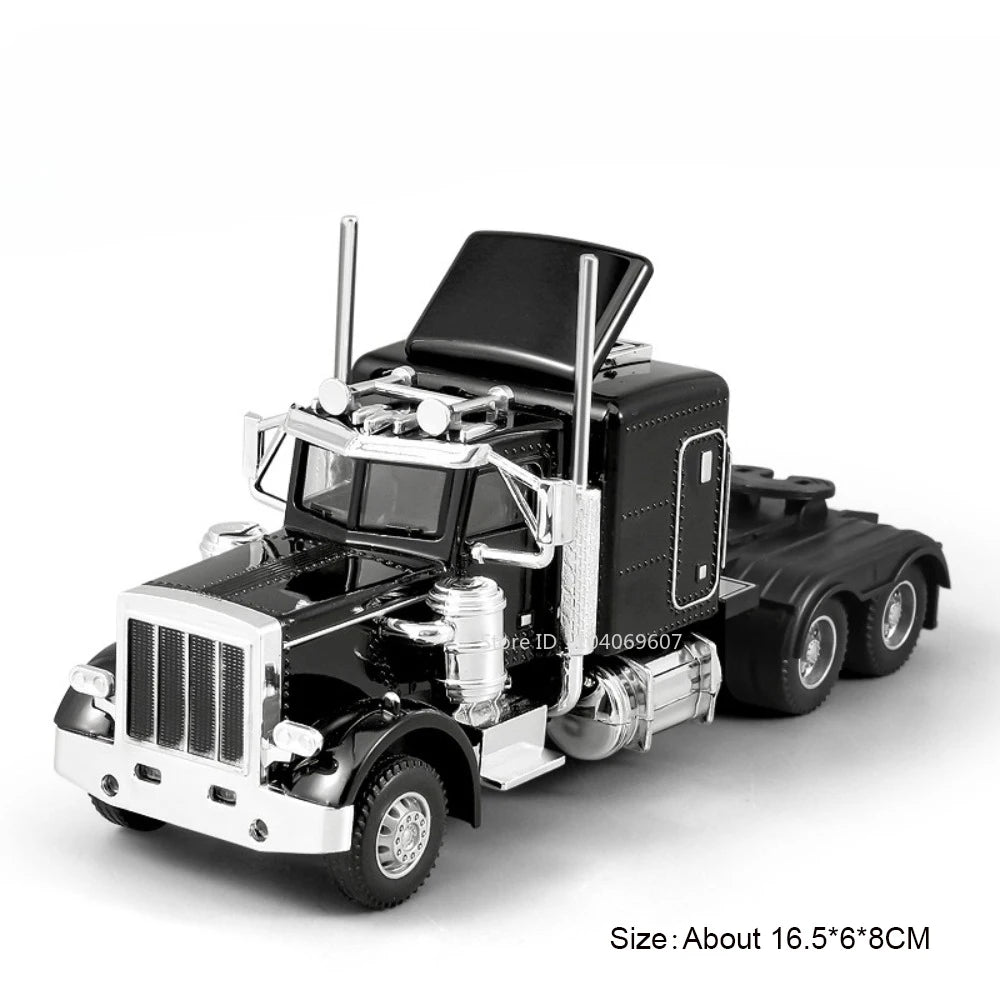 A black diecast container truck model with chrome accents and a vertical exhaust pipe.