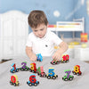 A set of magnetic wooden number trains showing numbers 1 through 10 on a light gray table.