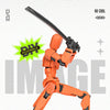 An orange action figure is shown in a dynamic pose, assembled from multiple parts.