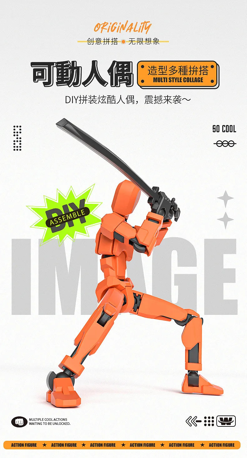 An orange action figure is shown in a dynamic pose, assembled from multiple parts.