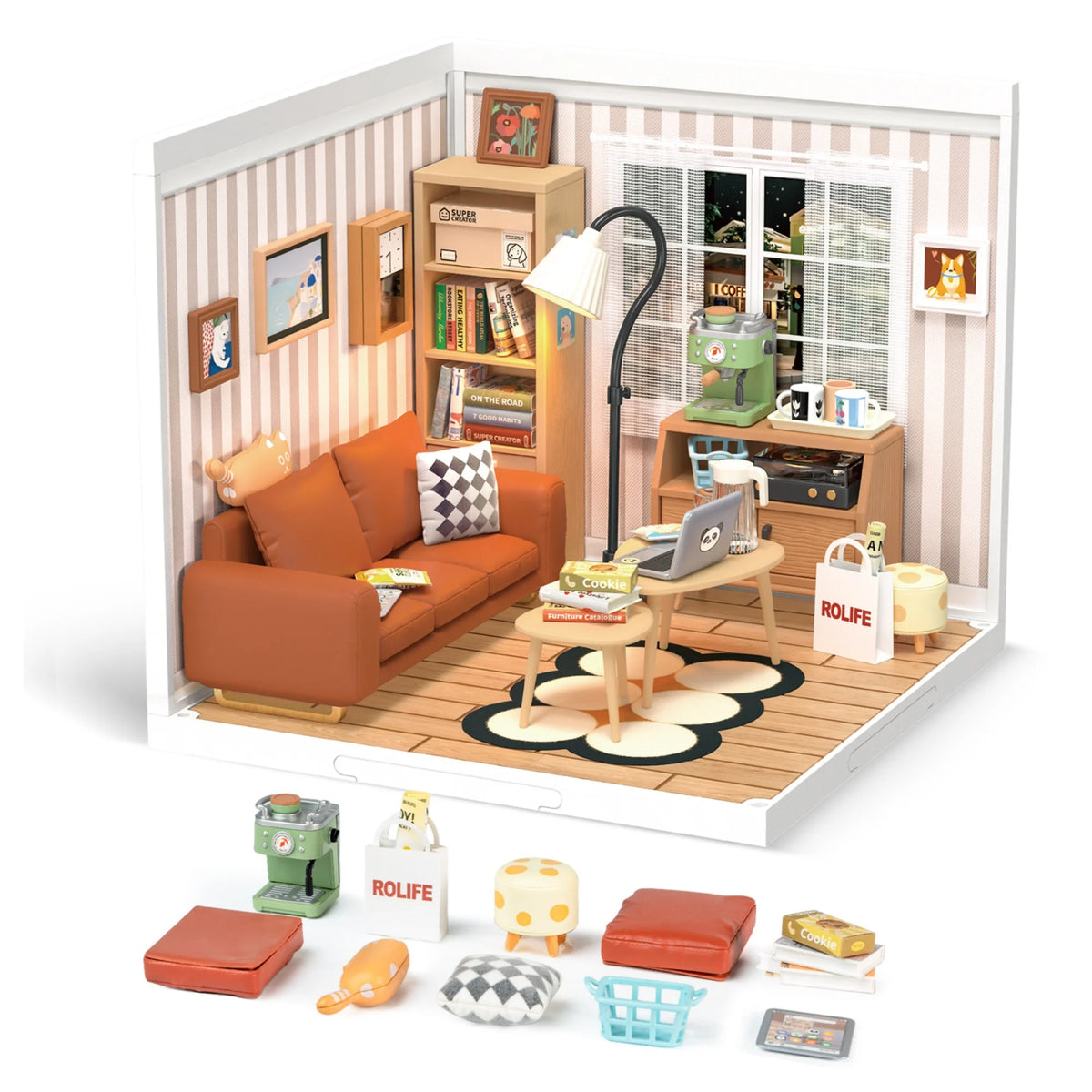 A miniature house kit featuring a brown sofa, wooden furniture, and various household items displayed in a striped room setti