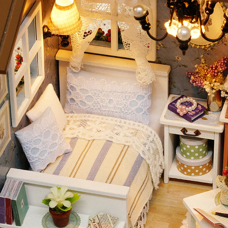 DIY Miniature Wooden Dollhouse Kit with LED Lighting