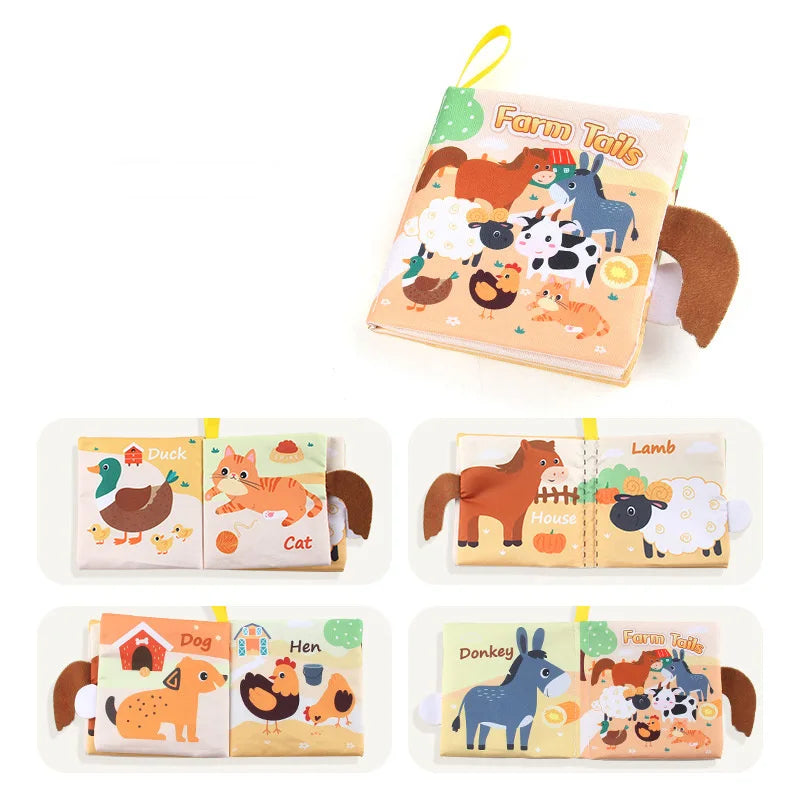 A set of soft fabric baby books featuring farm animals like a duck, cat, lamb, dog, hen, and donkey.