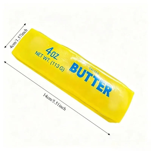 Yellow moldable butter stick squishy stress relief fidget toy with dimension markings.