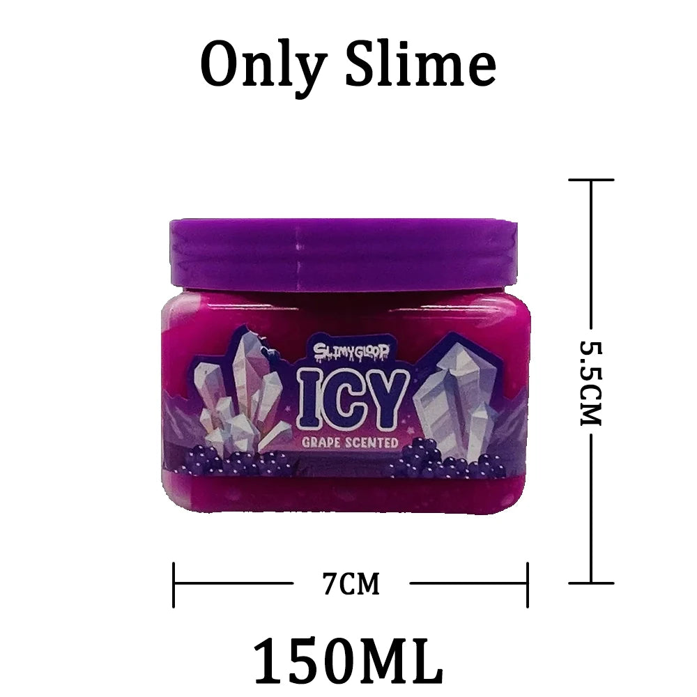 A purple jar of slime labeled ICY Grape Scent with a purple lid and a 5.5cm height.