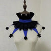 Black and blue ruff collar costume accessory with black and blue fabric details displayed on a mannequin.