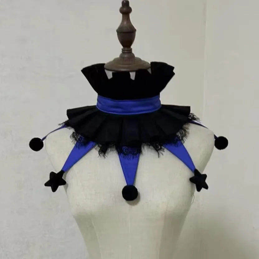 Black and blue ruff collar costume accessory with black and blue fabric details displayed on a mannequin.