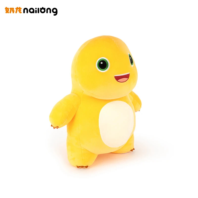 A yellow, cute dinosaur plush pillow with large eyes and a white belly.