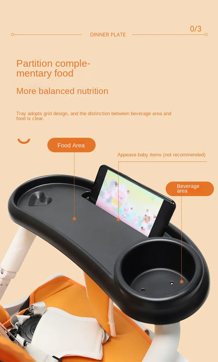 A black universal stroller snack tray and phone holder is shown with a partitioned food area and beverage area.