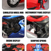 A collection of details showing a 1:18 scale die-cast motorcycle model, including simulated wheel hub, instrument panel displ