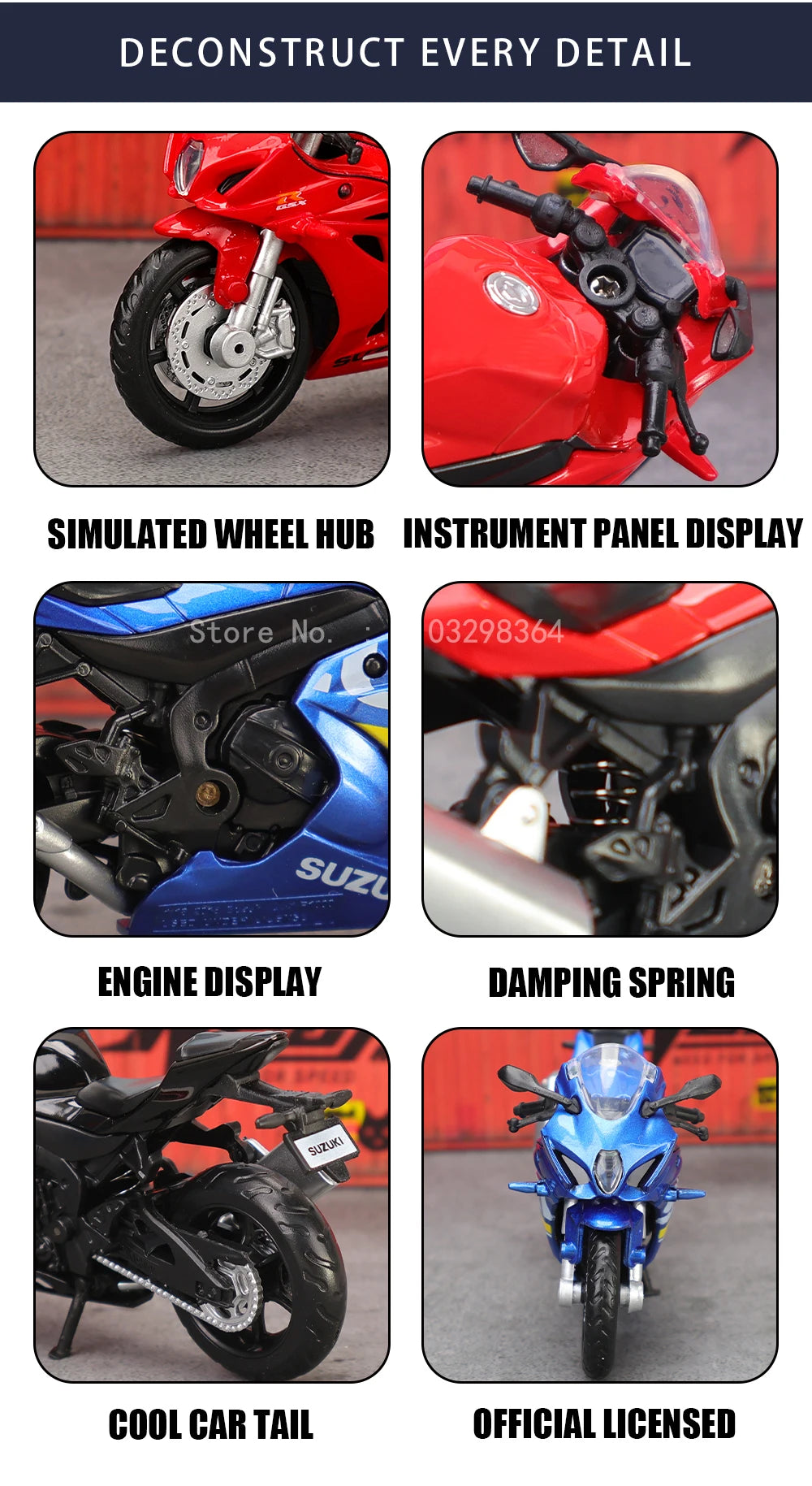 A collection of details showing a 1:18 scale die-cast motorcycle model, including simulated wheel hub, instrument panel displ