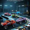 A collection of three remote control off-road cars in various colors and terrain, with a controller visible in the foreground
