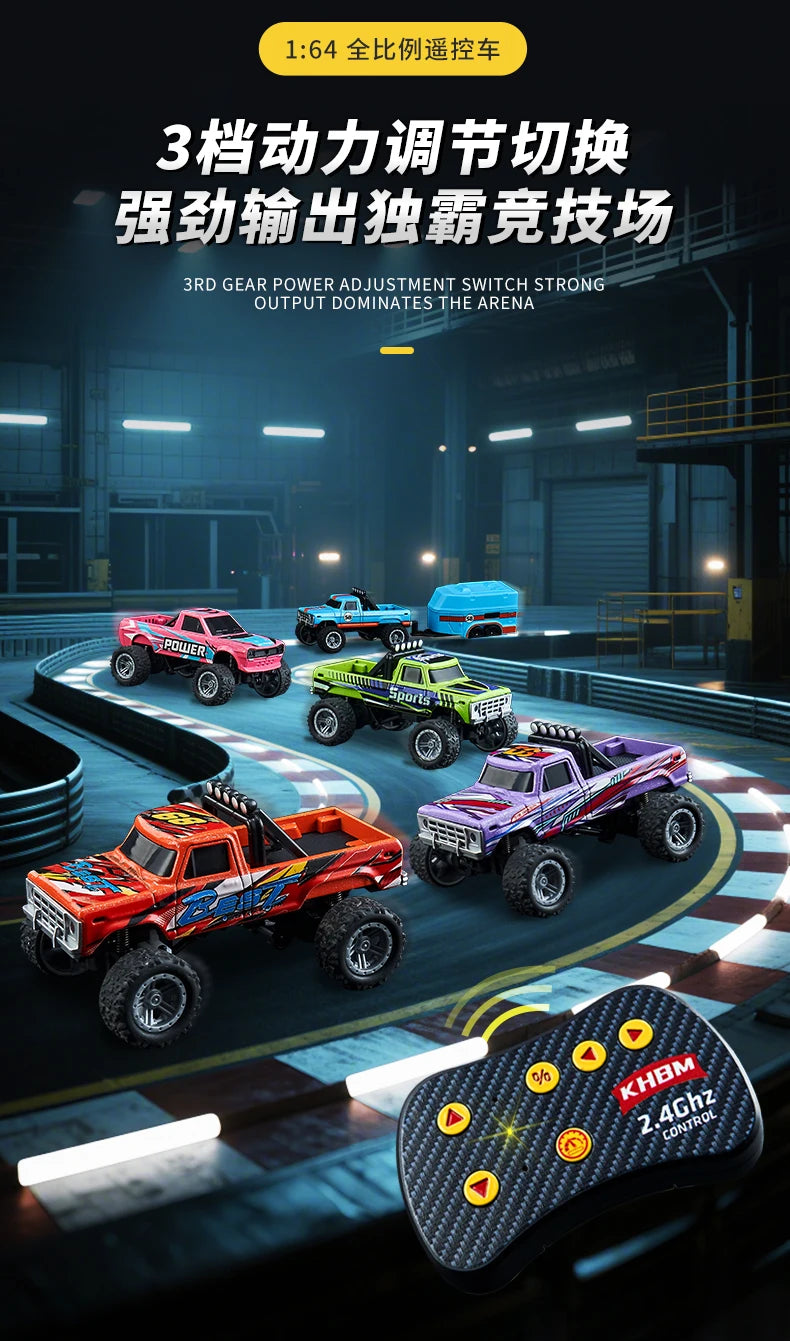 A collection of three remote control off-road cars in various colors and terrain, with a controller visible in the foreground