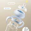 A clear baby bottle system for gas-liquid separation featuring an air inlet and milk outlet.