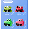 A set of three frog bubble machines in green, red, and pink for toddlers.