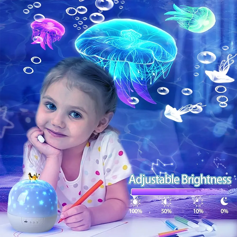 A young girl is looking at a blue light projector night light with colorful aquatic shapes and stars in the background.